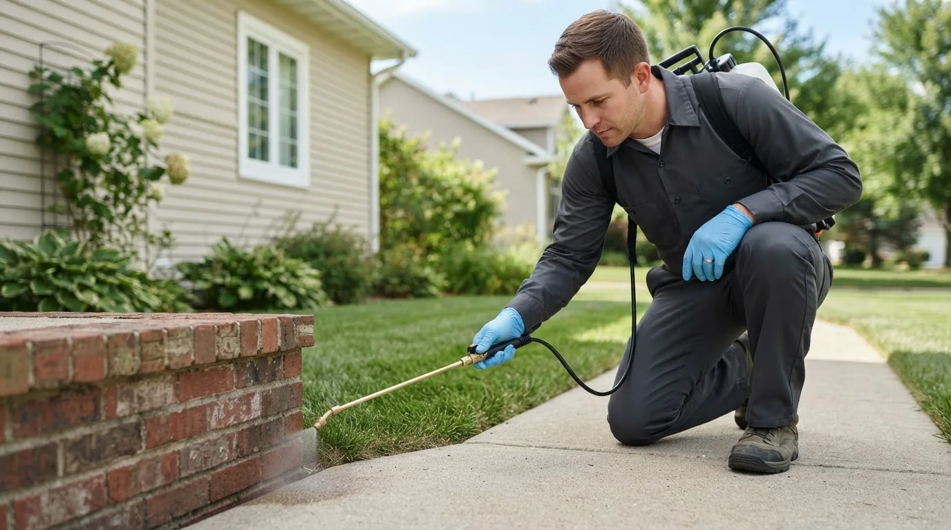 Pest control technician treating a home near Peabody, MA