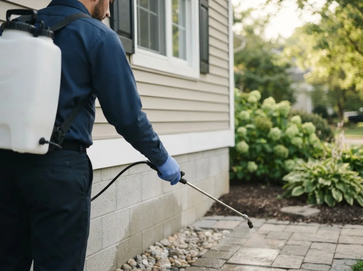 Pest control technician inspecting a home in Peabody, MA
